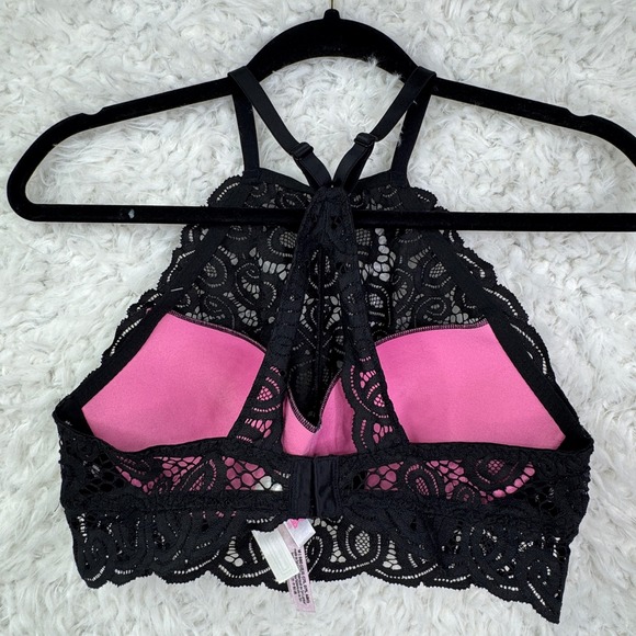 PINK Victoria's Secret Womens Black Lace High Neck Push Up Bralette Bra Size M - Picture 2 of 10